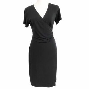 Gerard DAREL BLACK V-NECKLINE SURPLICE PLEATED SIDE SHORT SLEEVE MIDI DRESS